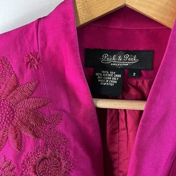 100 % Silk Peck & Peck Blazer Womens Size 2 Lined Floral Embroidery Jacket - Picture 5 of 11